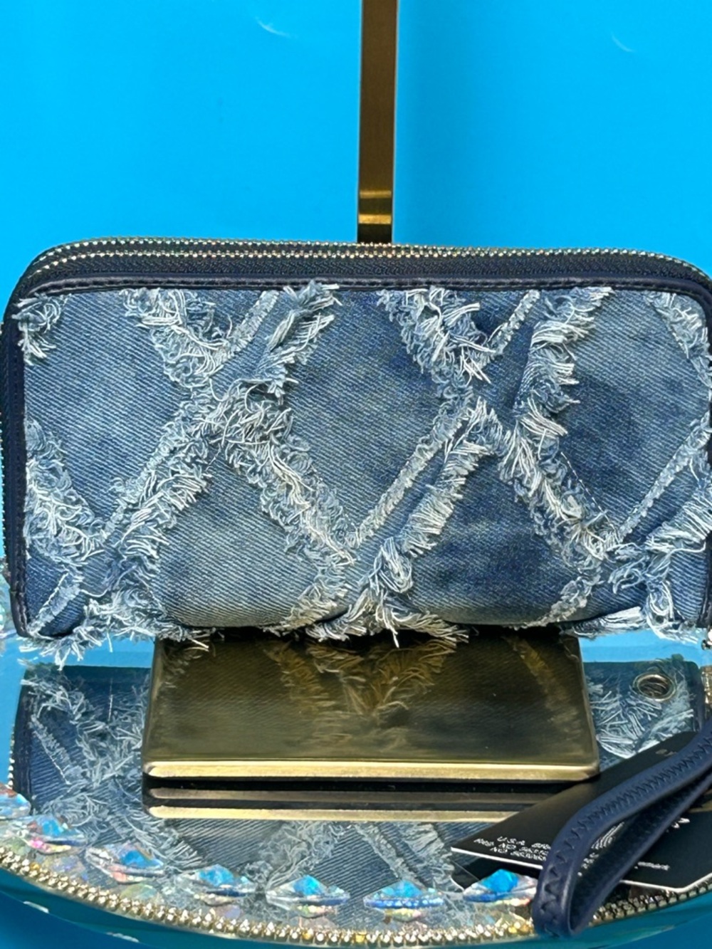 M Marco by MK Collection Frayed Denim Zip Wallet - Blue